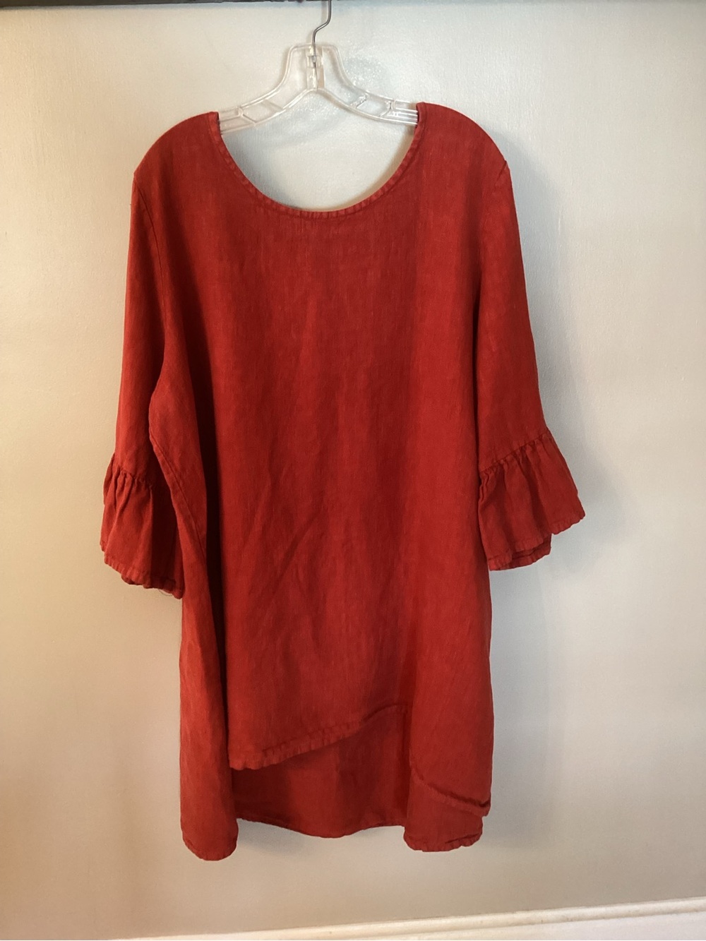Bryn Walker Fran Tunic Top Size 1X Linen Brick Red Ruffle High Low Lagenlook